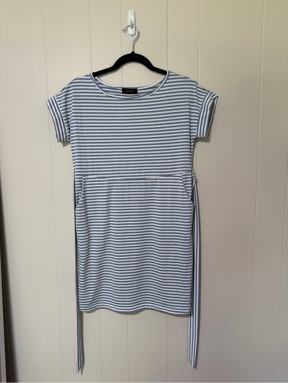 Blue and White Striped Mini Dress with Side Ties